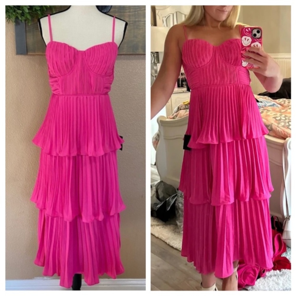 Lulus Cascading Crush Hot Pink Tiered Bustier Midi Dress - Picture 6 of 15